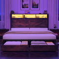 Farmhouse Bed Frame with Storage Headboard, LED Lights, Charging Station and 2 Drawers, Arrow Design, No Box Spring Needed, Rustic Brown