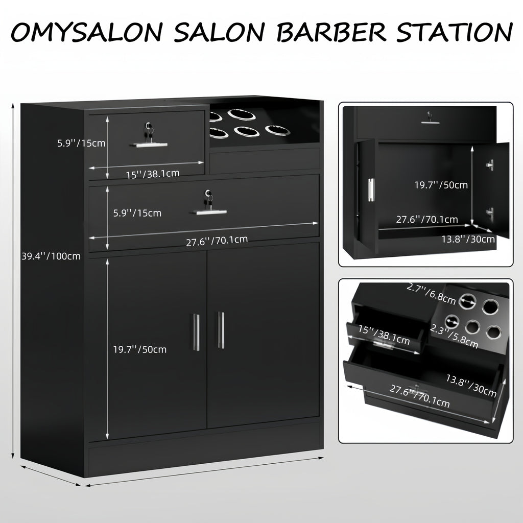 [Salon Storage Station Locker] 5 Hair Dryer Holders OmySalon Salon Storage Station Locker - Locking Drawer Beauty Barber Salon Styling Station Organizer Equipment for Hair Stylist, Two Drawers, One Storage Unit