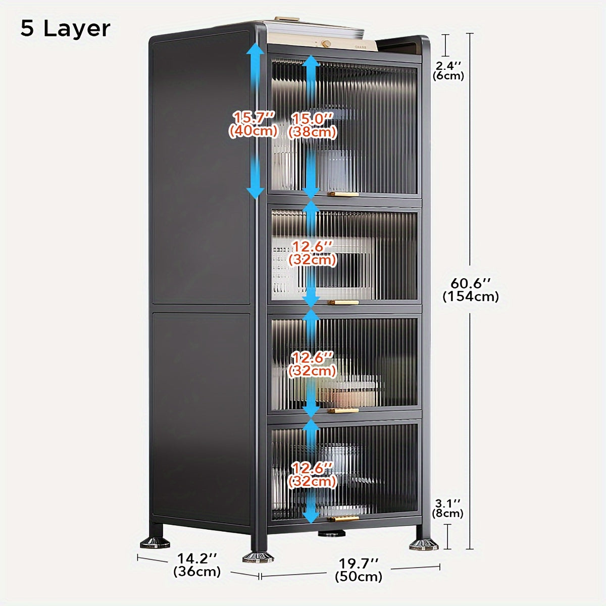Joybos™ 5-Tier Narrow Multifunctional Metal Kitchen Storage Cabinet - Spacious Microwave Stand, Coffee Bar Shelf, Pantry Organizer, And Hutch for Kitchen, Living Room - Space-Saving, Durable, And Stylish, Standing Shelf, Standing Shelf