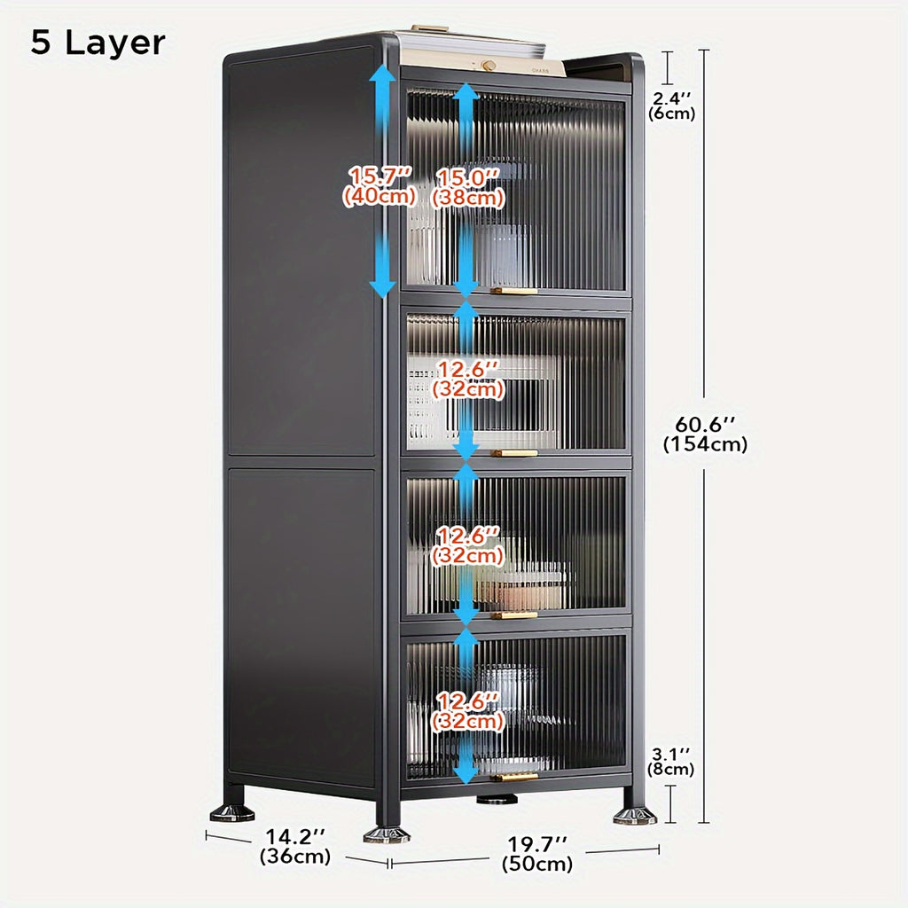 Joybos™ 5-Tier Narrow Multifunctional Metal Kitchen Storage Cabinet - Spacious Microwave Stand, Coffee Bar Shelf, Pantry Organizer, And Hutch for Kitchen, Living Room - Space-Saving, Durable, And Stylish, Standing Shelf, Standing Shelf