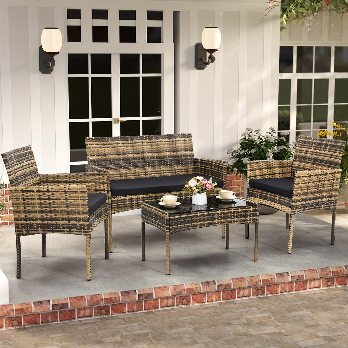 KROFEM 4pcs Wicker Bistro Furniture Set, Includes 2 Chairs with Water Resistant Cushions, Coffee Table, And Comfy Loveseat, Perfect for Any Outdoor Gathering
