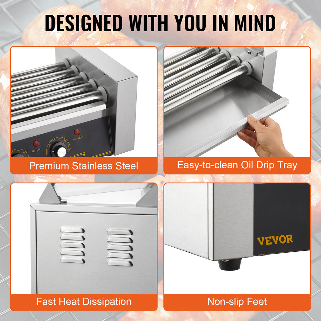 VEVOR Hot Dog Roller 5 Rollers 12 Hot Dogs /7 Rollers 18 Hot Dogs Capacity, Stainless Sausage Grill Cooker Machine with Dual Temp Control Glass Hood Acrylic Cover Bun Warmer Shelf Removable Oil Drip Tray