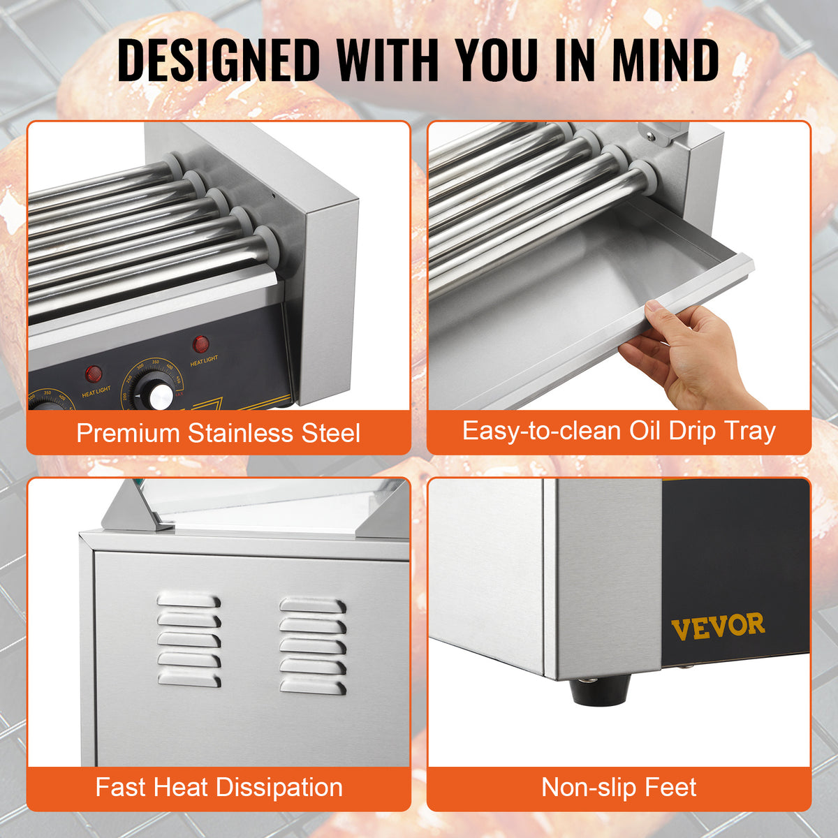 VEVOR Hot Dog Roller 5 Rollers 12 Hot Dogs /7 Rollers 18 Hot Dogs Capacity, Stainless Sausage Grill Cooker Machine with Dual Temp Control Glass Hood Acrylic Cover Bun Warmer Shelf Removable Oil Drip Tray