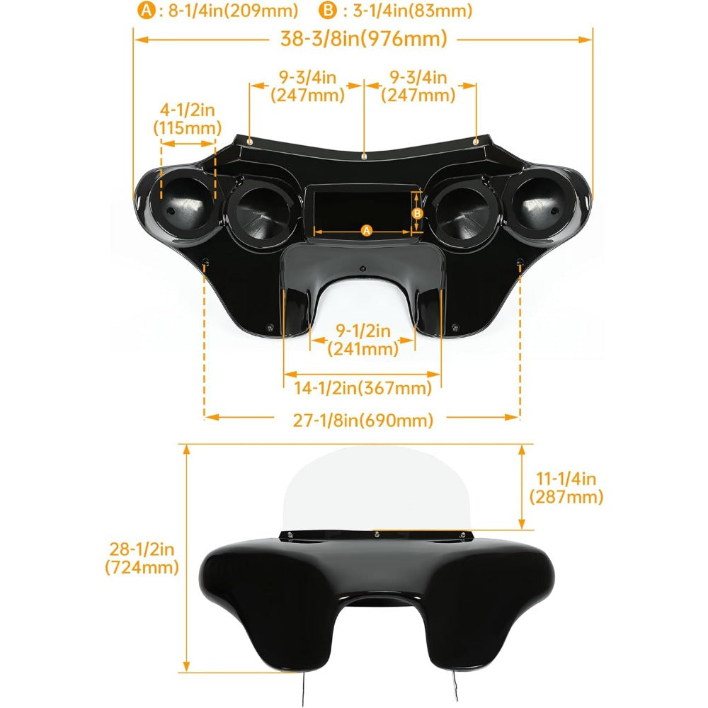 Front Fairing Compatible with 1986-2015 for Davidson Heritage Softail Fat Boy Deluxe Outer Bat Wing w/Clear Windshield 4 Speaker Mount