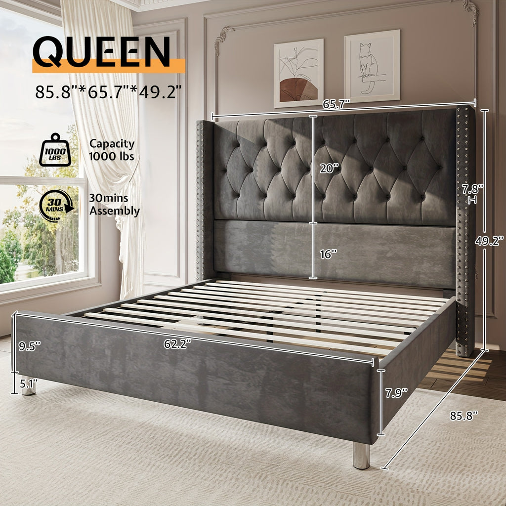 Papajet Velvet Upholstered Bed Frame with Wingback Headboard, No Box Spring Required