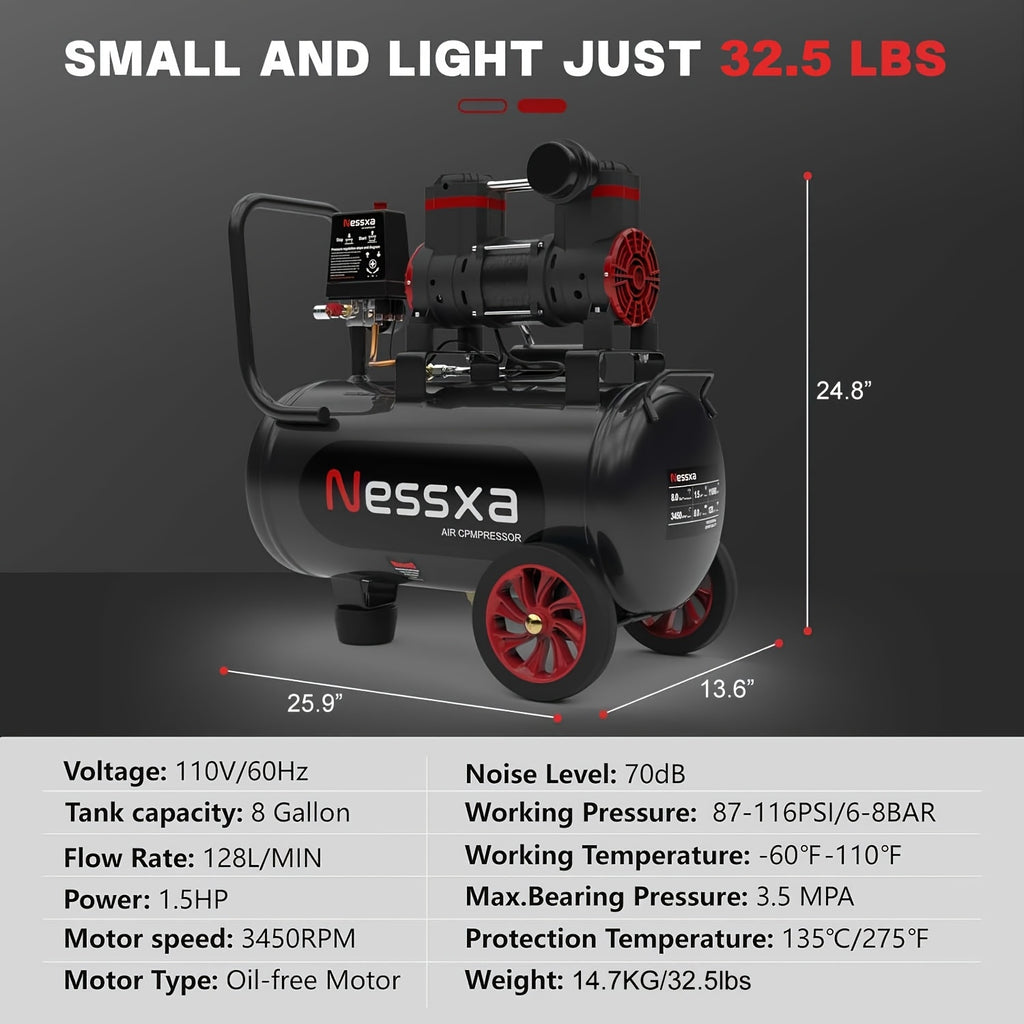 8/10/14 Gallon Ultra Quiet Air Compressor, 116PSI Oil-Free Air Compressor Tank, 110V/60Hz, 70dB Air Compressor for Car Repair, Spray Painting, Woodwork Nailing