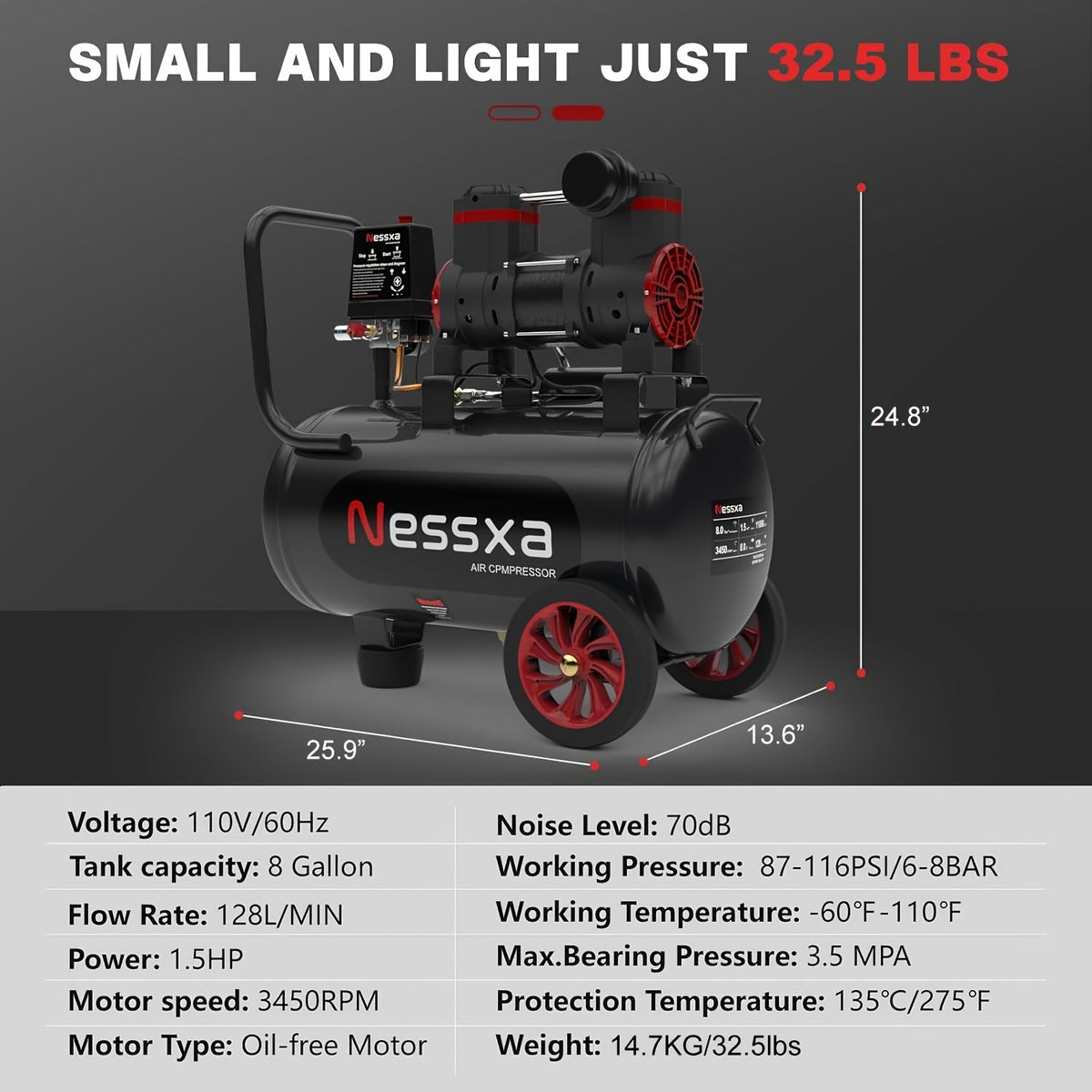 8/10/14 Gallon Ultra Quiet Air Compressor, 116PSI Oil-Free Air Compressor Tank, 110V/60Hz, 70dB Air Compressor for Car Repair, Spray Painting, Woodwork Nailing