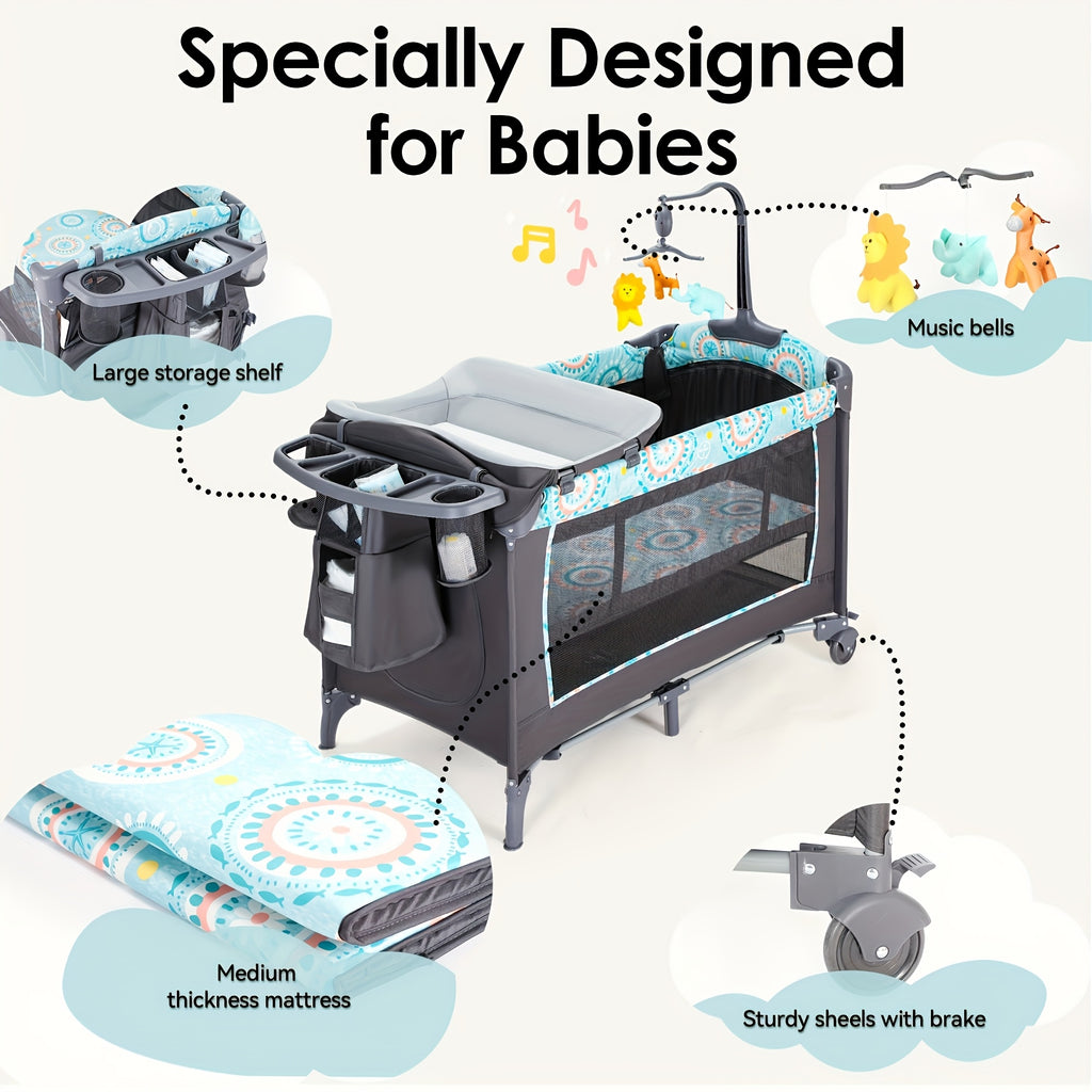 The 5-in-1 Portable Baby Bassinet With Side Bed Features A Detachable Changing Table, Mattress, Storage Shelf, Music Player, And Three Height Settings, Providing A Spacious Playpen For Baby. A Great Birthday Gift.Approx. 29.1 Lbs (max Rec. 19 Lbs)