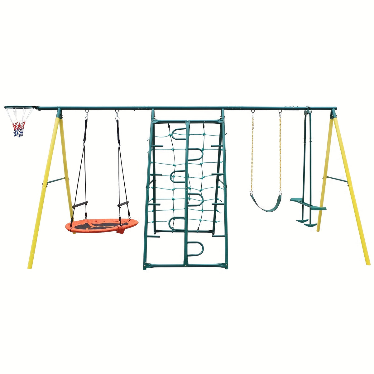 Swing Sets For Backyard With Saucer Swing, Belt Swing, Glider, Climbing Rope, Climbing Ladder, Basketball Rim, 6 In 1 Swing Set