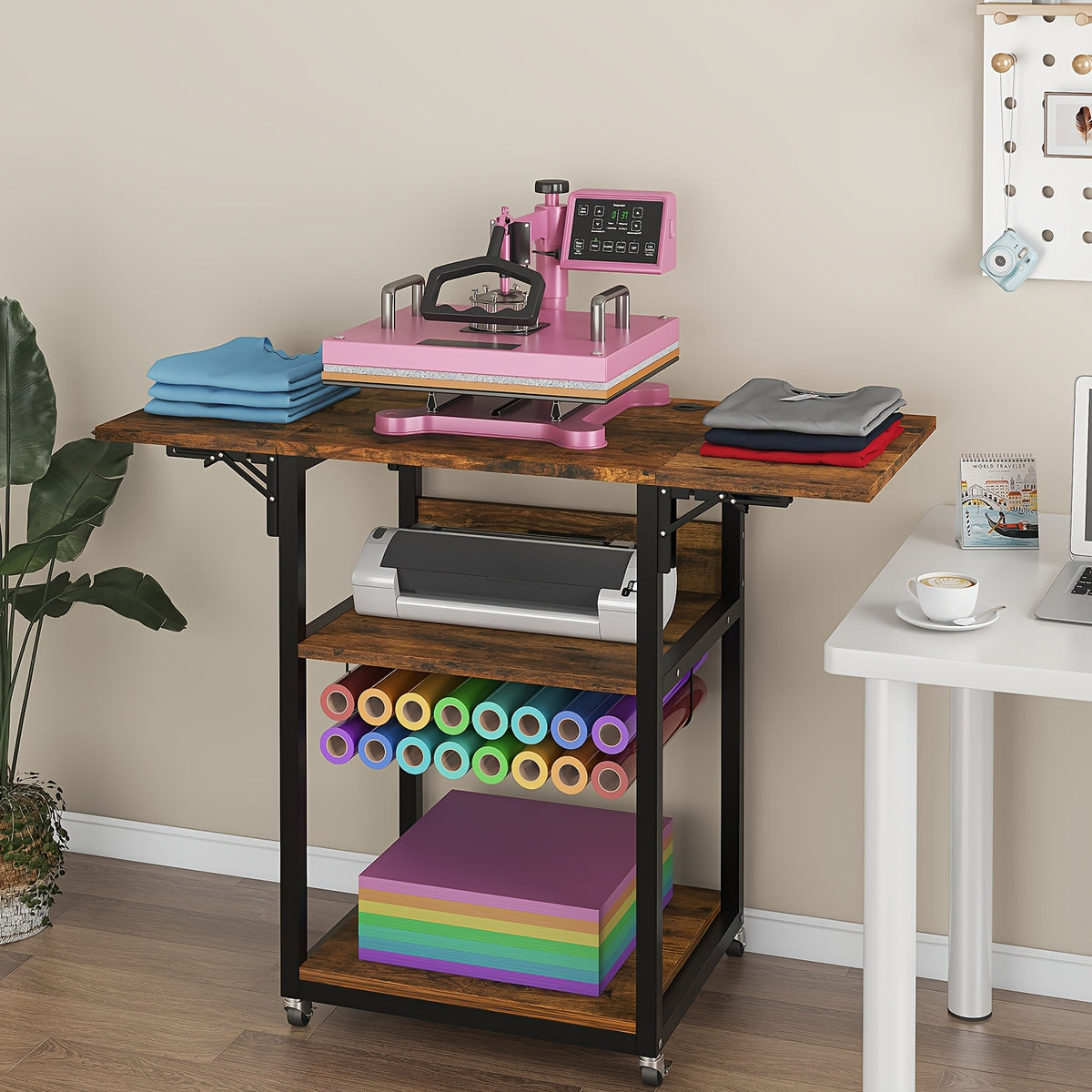 VISOUD 3-Tier Foldable Heat Press Machine Table, Portable Metal Stand with Vinyl Reel Holder, Heavy-Duty for DIY Sublimation Printer, White - Crafts, Crafts & Sewing Supplies, Heat Press Machine Accessories