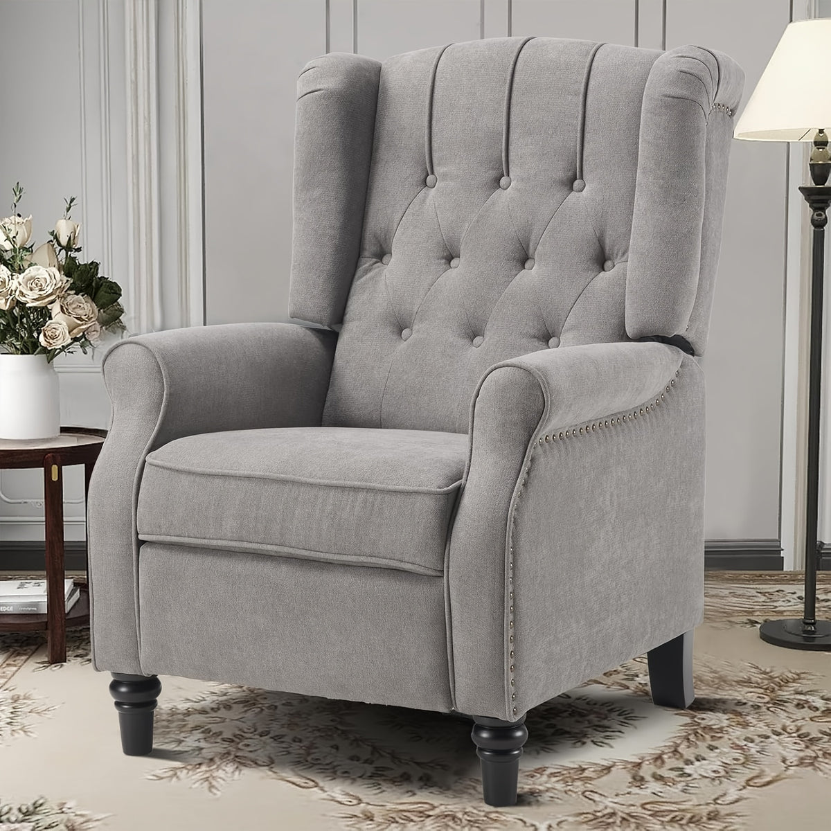 Pushback Recliner Chair, Fabric Armchair Push Back Recliner with Rivet Decoration, Mid Century Wingback Accent Chair for Living Room, Bedroom