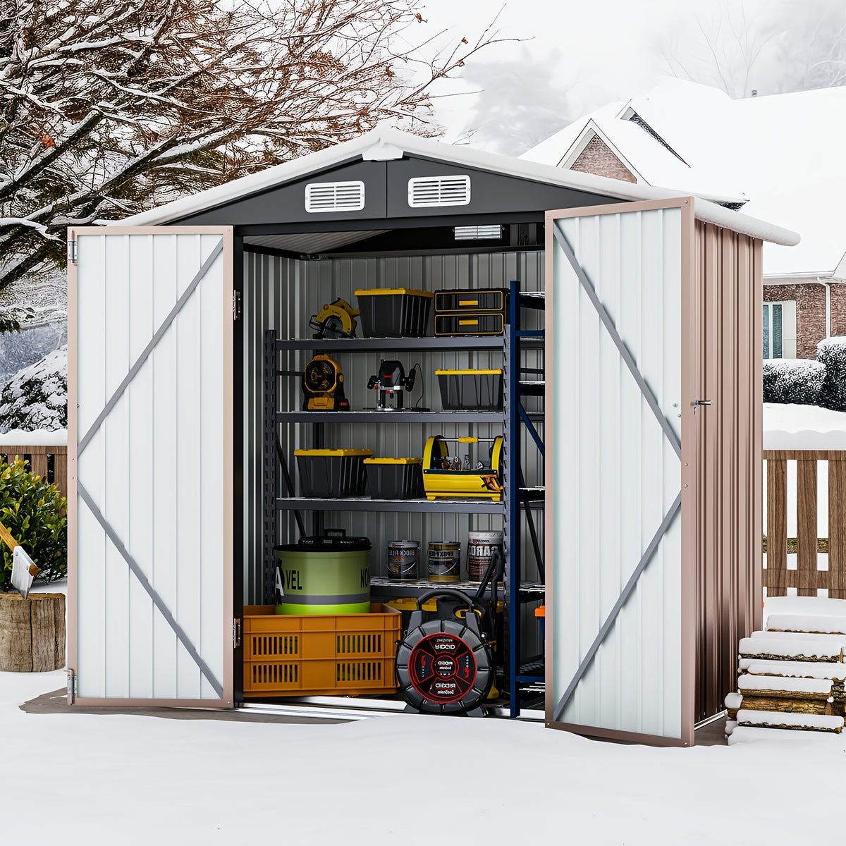 6X4/8X6/10X8/10X12Ft Gable Roof Metal Storage Shed, Heavy Duty Outdoor Garden Shed with Lockable Doors And Vents, Weather-Resistant Utility Shed for Backyard Tools, Brown/Black