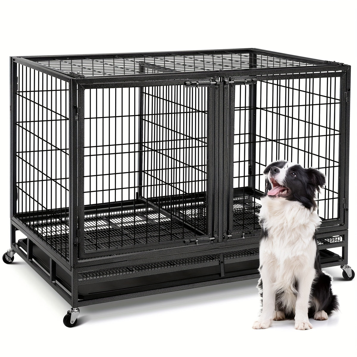 TOWALKER 48 Inch Heavy Duty Dog Crate, Indestructible Metal Wire Dog Crate, Folding Design Dog Kennel, Stackable Feature Dog Cage, XXL for Large Dogs, Sturdy Locks Design/Double Door with Wheels/Removable Tray