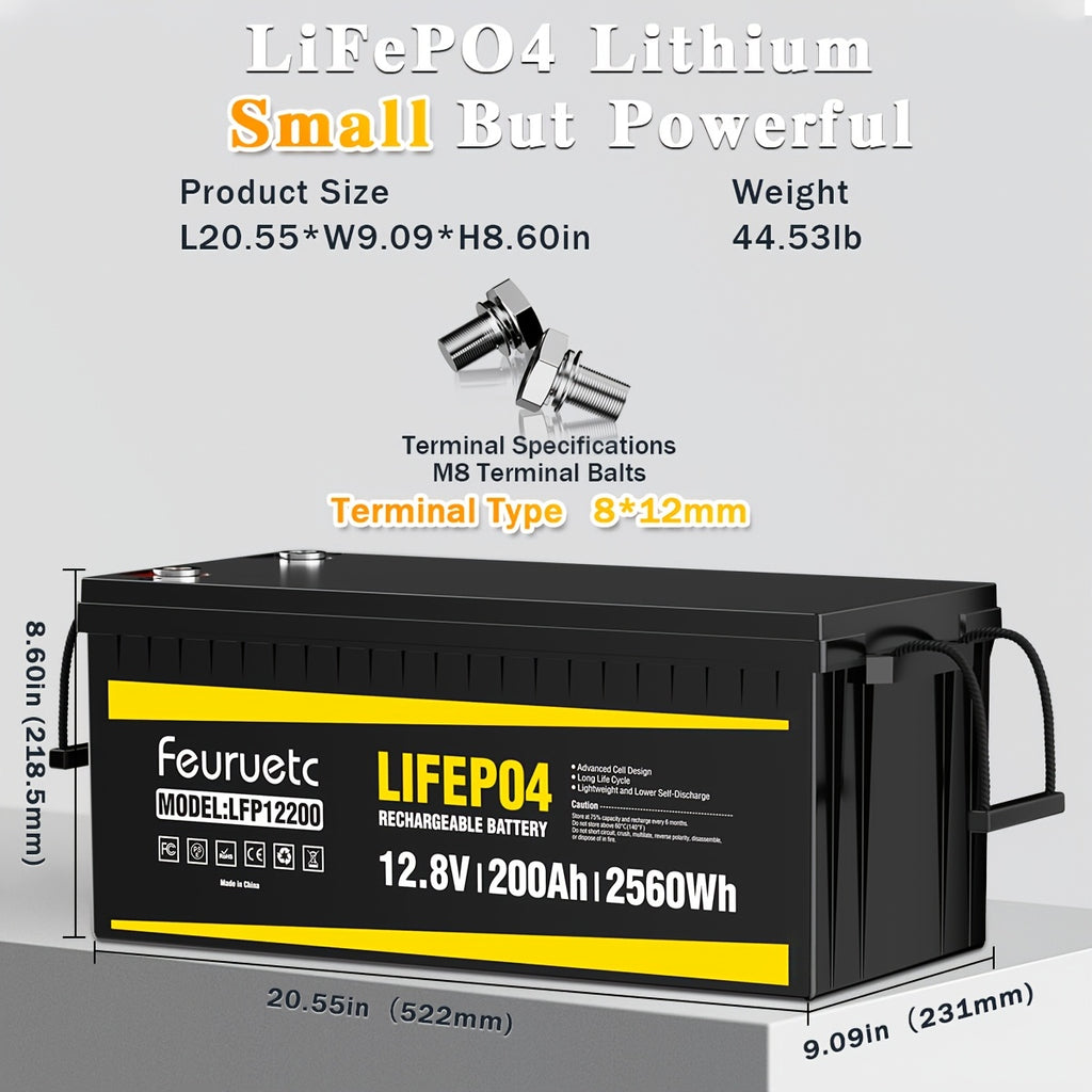 Feuruetc 12V LiFePO4 Lithium Iron Phosphate Battery, Available in 100Ah or 200Ah Capacity Options, with Built-in BMS, Over 15,000 Cycle Life. Suitable for Solar Systems, RVs, Golf Carts, Marine Applications, and Off-grid Power Supply. A Lightweight