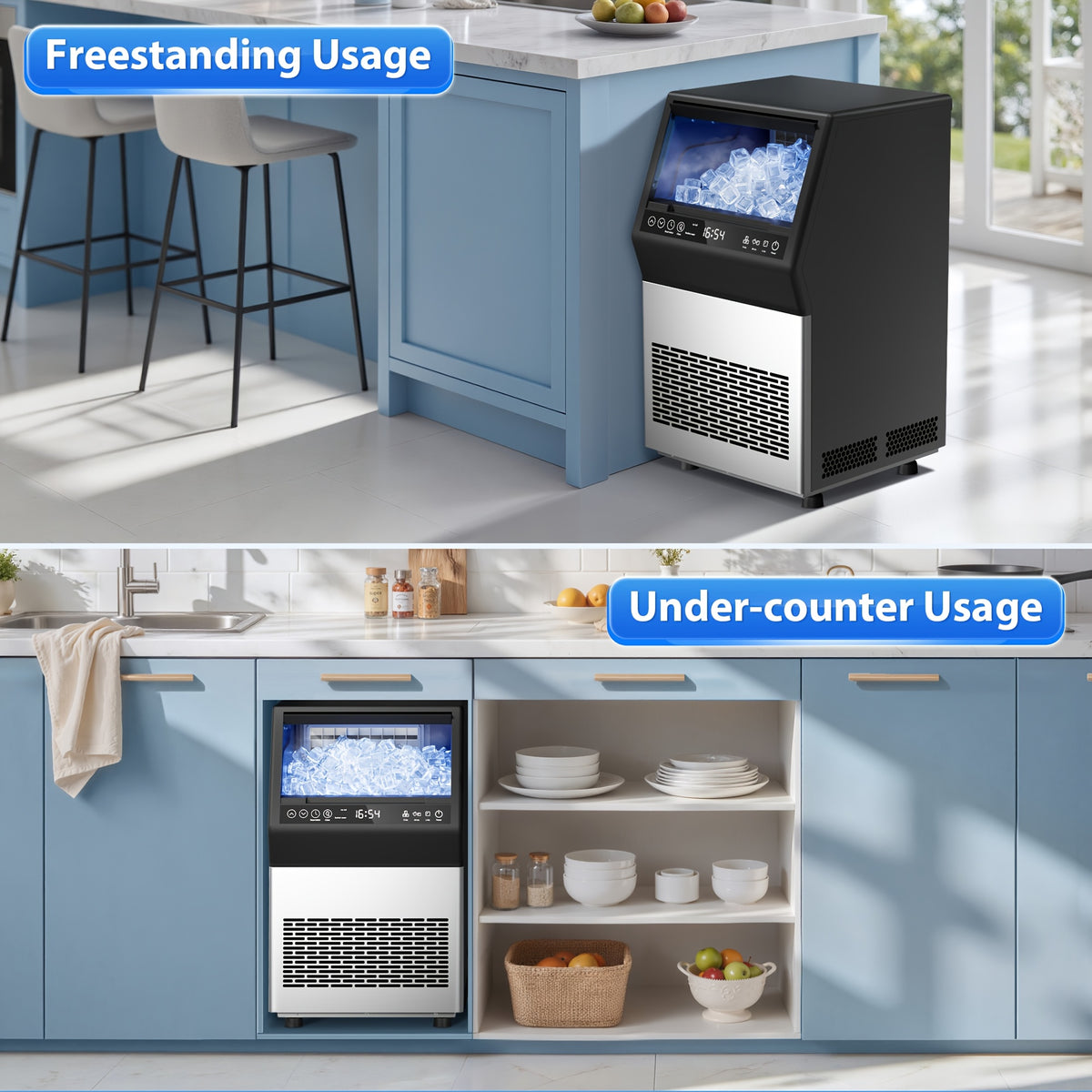 Commercial Ice Maker 110Lbs/24H Under Counter Ice Machine with 16Lbs Storage Bin, 45 Ice Cubes in 11Min, Stainless Steel Freestanding Ice Making Machine for Business