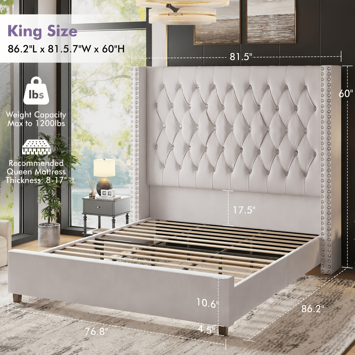 LUXOAK 60 Inch Tall Velvet Bed Frame With Tufted Wingback Headboard, Solid Wood Legs And Slat Support, No Box Spring Needed