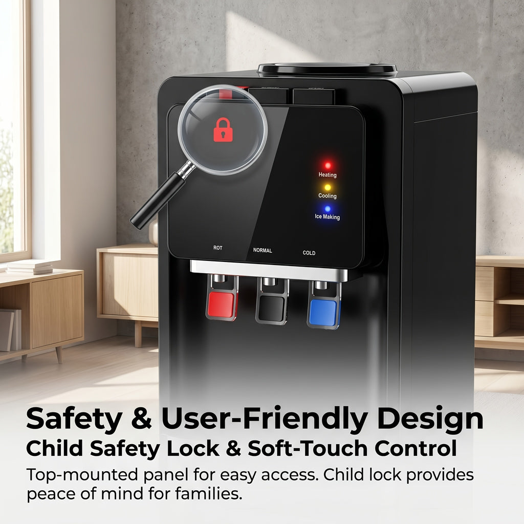 [4-In-1 Water Dispenser] GUNJI 4-In-1 Water Dispenser with Ice Maker, Compatible with 3 Or 5 Gallon Bottles, Hot, Cold, Room Temperature with Fast Ice Making, Child Lock, for Home And Office, Black