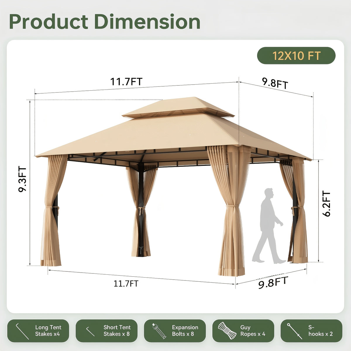 12X10ft Patio Gazebo Outdoor Gazebo with Double Roof Galvanized Steel Frame Canopy Carpas Para Patio Heavy Duty Shelter with Mosquito Net Screen for Backyard Lawn Garden Deck(Grey/Beige)