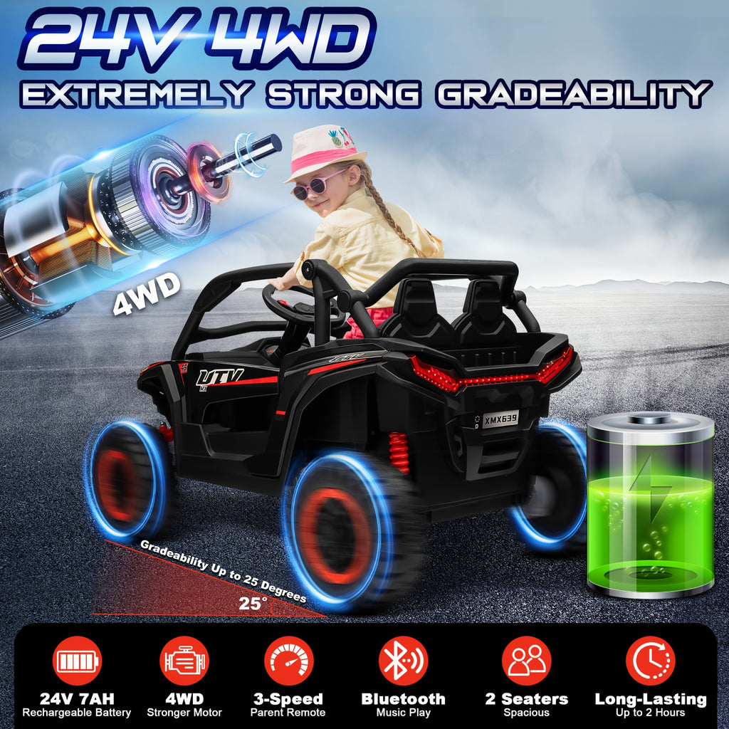 24V Ride-On Car, 2-Seater XL 4X4 Off-Road UTV with Powerful Motors, Remote Control, Music, LED Lights, 20" Wide Seat, 24 Volt Ride-On Toys for Big Kids