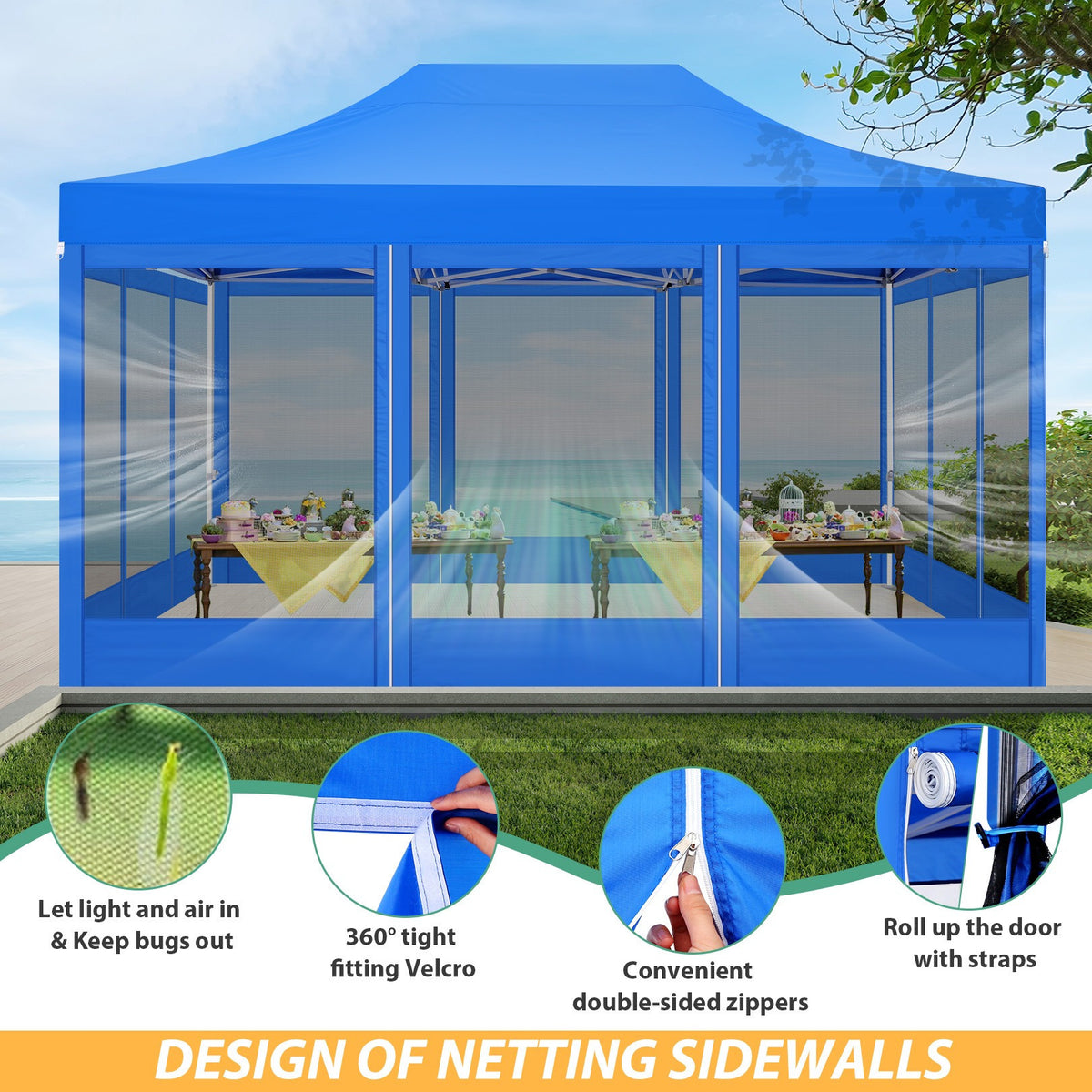 Hoteel 10x15 Heavy Duty Pop Up Canopy Tent with 4 Sidewalls, Commercial Gazebo Party Tent with Mosquito Netting Wall Easy Up Outdoor Instant Screen Tent for Backyard, Beach, Patio, Garden