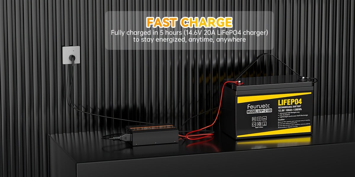 Feuruetc 12V 100Ah LiFePO4 Lithium Battery, Deep Cycle Golf Cart Battery With Built-in 100A BMS, 15000+ Cycles, Perfect Replacement For Lead-Acid, Lightweight & Long-Lasting For RV, Camper, Solar Energy Storage, Off-Grid Power System