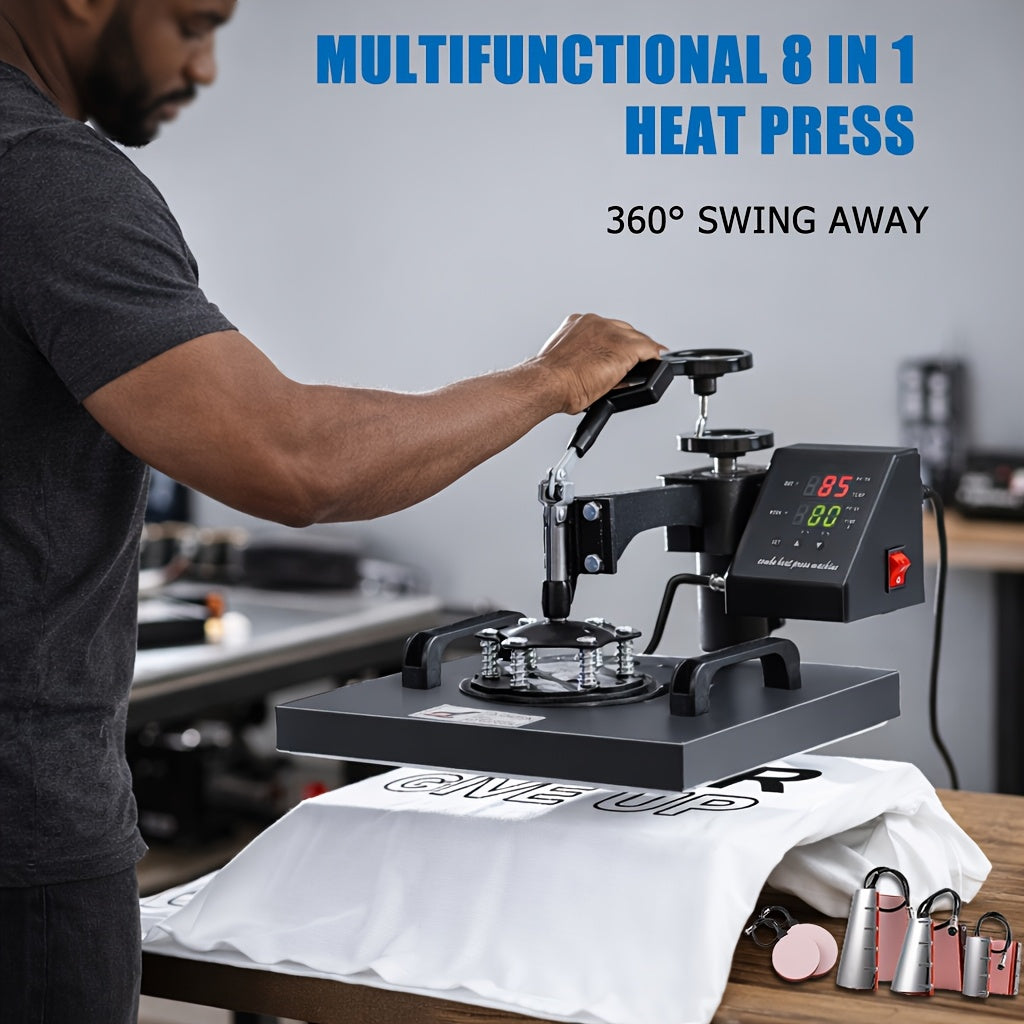 8-in-1 Heat Press Machine, Equipped with 15x15 Inch / 15x12 Inch Pressure Plates, 360° Rotating T-shirt Heat Transfer Machine, Digitally Controlled Dual LED Display, Suitable for Sublimation Transfer on T-shirts, Hats, Mugs, Plates, and Other Items