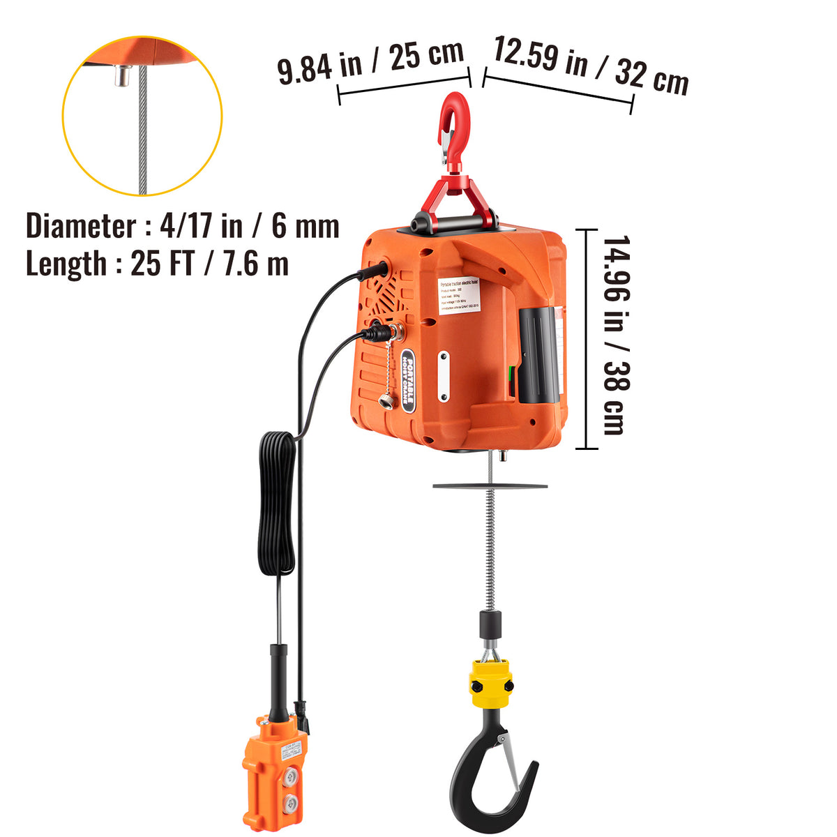 VEVOR 3-in-1 Electric Hoist Winch, 1100lbs Portable Electric Winch, 1500W 110V Power Winch Crane, 25ft Lifting Height, w/Wire and Wireless Remote Control, Overload Protection for Lifting Towing