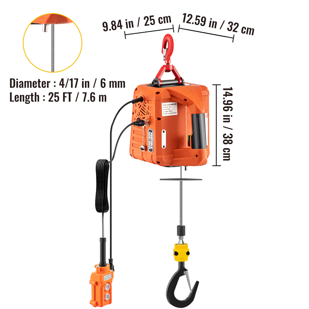VEVOR 3-in-1 Electric Hoist Winch, 1100lbs Portable Electric Winch, 1500W 120V Power Winch Crane, 25ft Lifting Height, w/Wire and Wireless Remote Control, Overload Protection for Lifting Towing