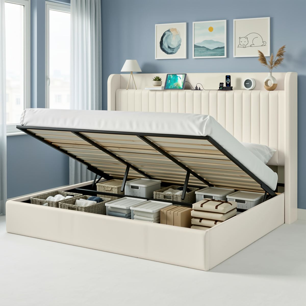 WEEWAY Lift Up Storage Bed Frame, Velvet Vertical Channel Headboard, Charging Station, Hydraulic Support, Noise-Free Wooden Slats, No Box Spring Needed, Bedroom Furniture, Masterroom, Guestroom, White, Black, Cream, Grey, Free Shipping