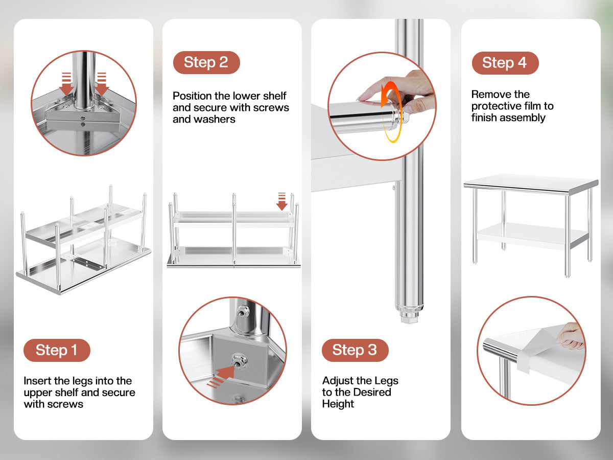 30×48–30×108 Inch Stainless Steel Commercial Work Table with Rounded Corners Adjustable Shelf And Feet for Kitchen Garage Gardening