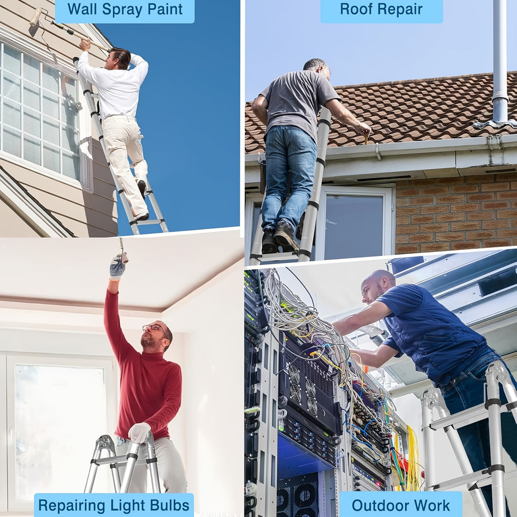 17 FT A-Frame Telescopic Ladder, Adjustable Multi-Purpose Collapsible Extension with Balance Bar And Wheels, Heavy Duty 450 Lbs Max Capacity, Ideal for Home And Outdoor Work, Thickened Aluminum Material, Silver
