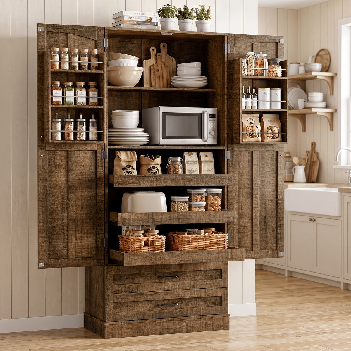 71 Inch Tall Kitchen Pantry Cabinet, Freestanding Wooden Storage Hutch with 3 Pull Out Shelves, 2 Large Drawers & 6 Door Shelves, Farmhouse Buffet Food Cupboard for Kitchen, Dining Room