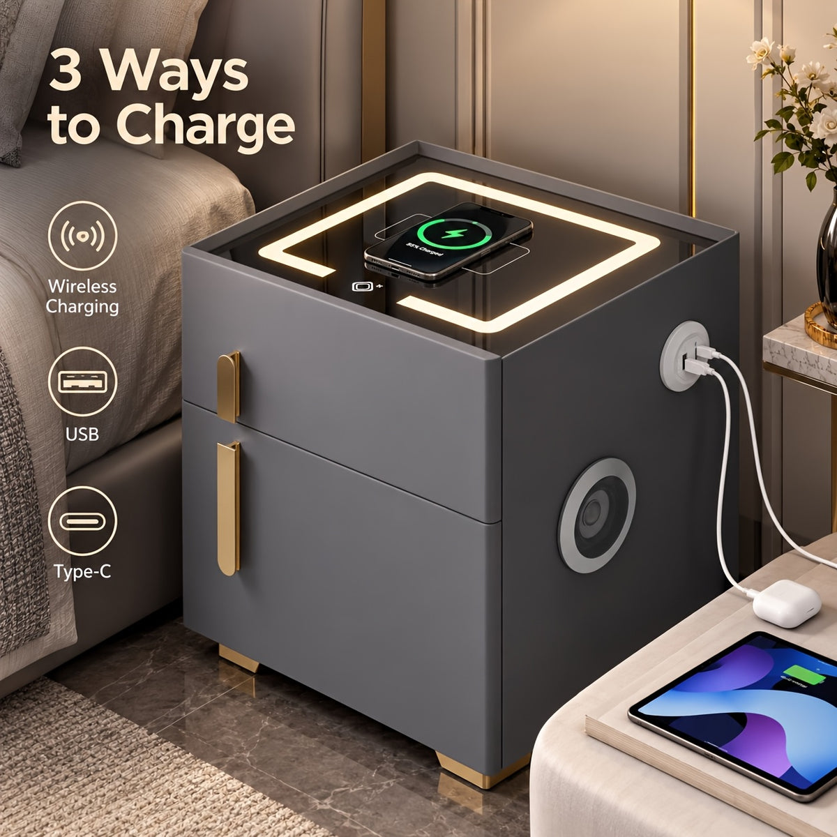 Light Luxury High-end Modern Double Drawer Safe Bedside Table, Multifunctional Bedside Table with Password Lock for Storing Valuable Items