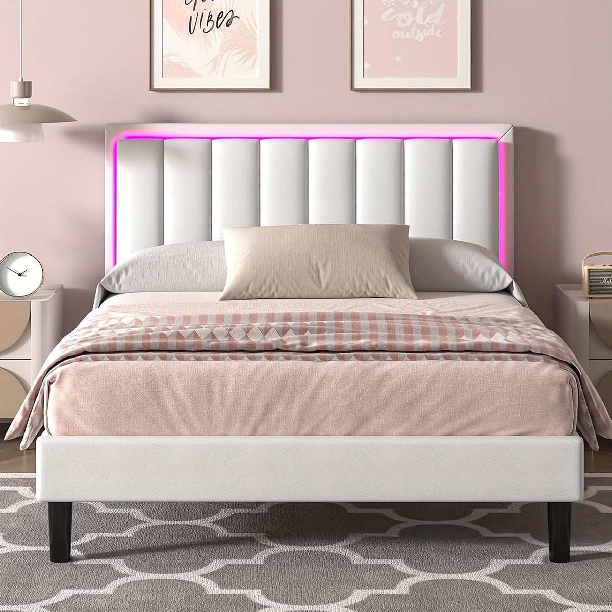 Twin Full Queen Size Bed Frame with LED Lights, Upholstered Queen Size Bed Frame with Headboard And Footboard, Heavy Duty Wood And Metal Slats Support, Noise-Free, No Box Spring Needed, Queen Bed Easy Assembly, Black, White, Pink