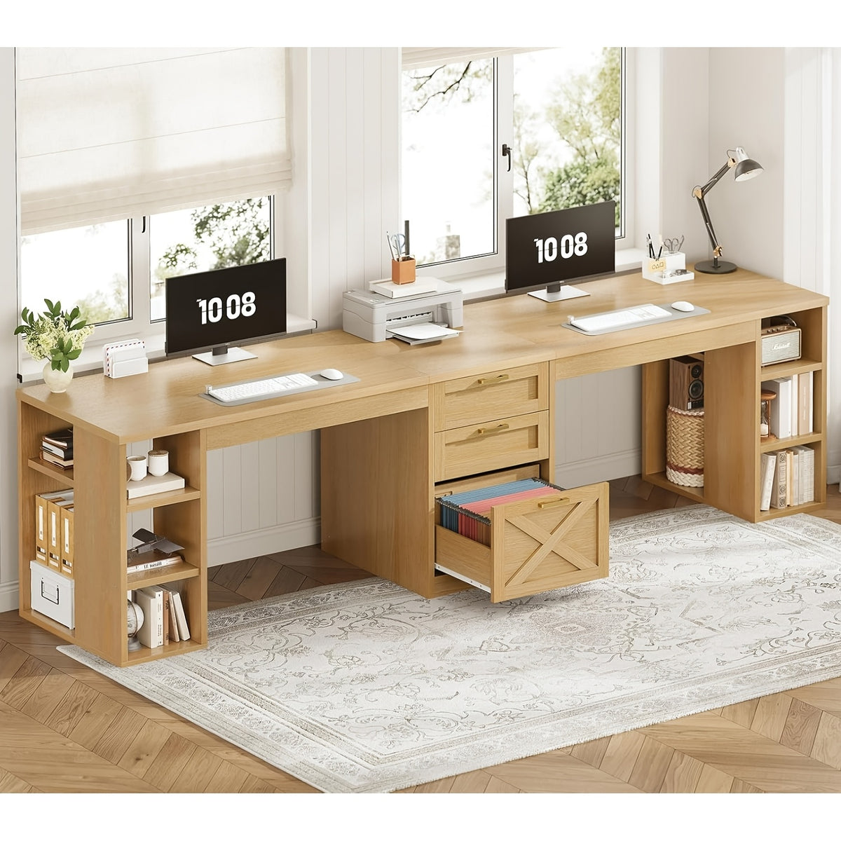 Two-Person Computer Desk, 96.5-Inch Farmhouse Workstation with 3 Drawers and Open Storage Shelves