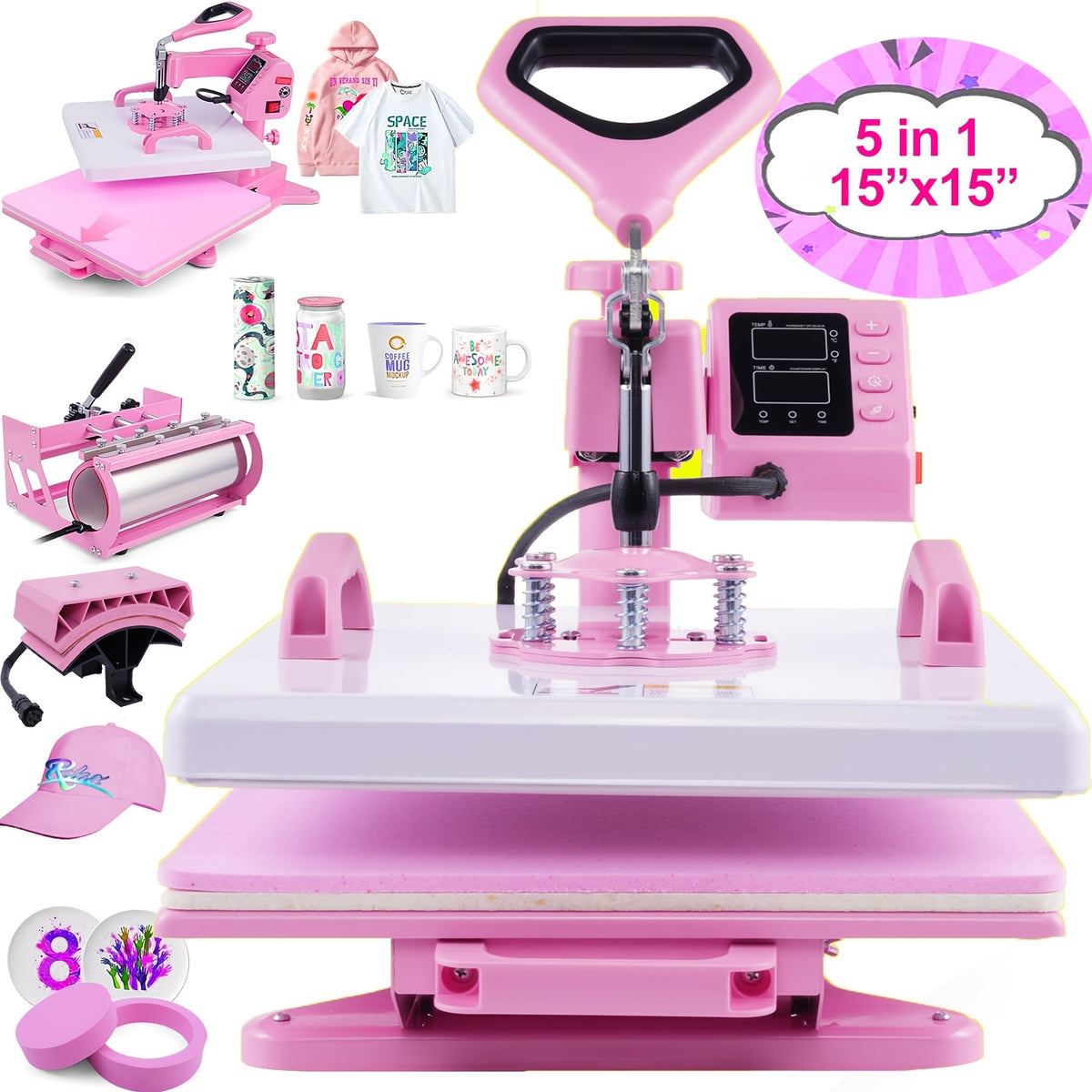 HOMDOX 15"x15" - 11pcs(8 In 1) / 8pcs(5 In 1) Heat Press Set With 30OZ Tumbler Press, Slide Out 360° Swing Away For T-Shirt/Cloth Bags/Tumbler/Mug/Hat/Plate - 15"x15" Slide Out T-shirt Heat Press Machine Can Only Press T-Shirt/Pillows/Cloth Bags