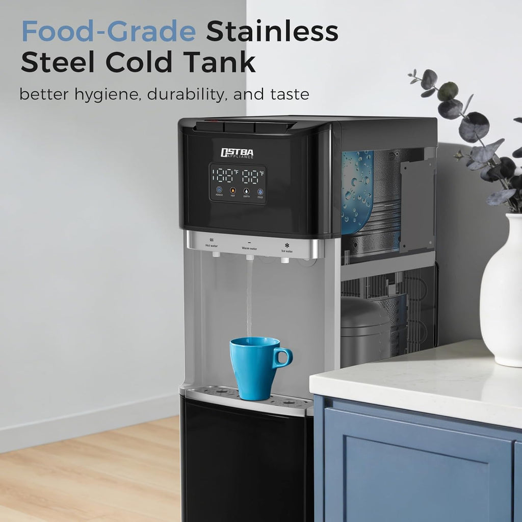 Bottom Load Water Dispenser, LED Display, Hot Cold & Room Water, Stainless Steel Tank, Child Lock, 3 & 5 Gallon for Home & Office