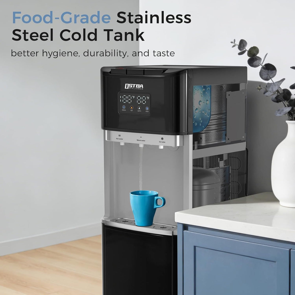 Bottom Load Water Dispenser, LED Display, Hot Cold & Room Water, Stainless Steel Tank, Child Lock, 3 & 5 Gallon for Home & Office