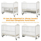 Non-full-size Wooden Convertible Crib with a Dome-shaped Mosquito Net and 3-inch Sponge Mattress, Convertible into a Rocking Bed. Features a Three-position Adjustable Bed Base Height and Oversized Storage Space at the Bottom. Equipped with TPR Steel