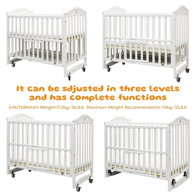 Non-full-size Wooden Convertible Crib with a Dome-shaped Mosquito Net and 3-inch Sponge Mattress, Convertible into a Rocking Bed. Features a Three-position Adjustable Bed Base Height and Oversized Storage Space at the Bottom. Equipped with TPR Steel