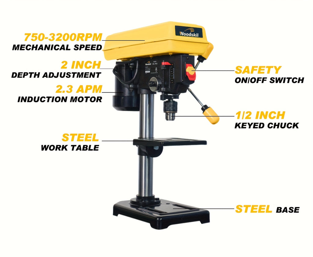 8 Inch Drill Press, 2.3 Amp 5-Speed Bench Drill Press With Steel Worktable | Corded, 120V, Plug Powered, Metal Construction, Includes Attachment - WOODSKIL