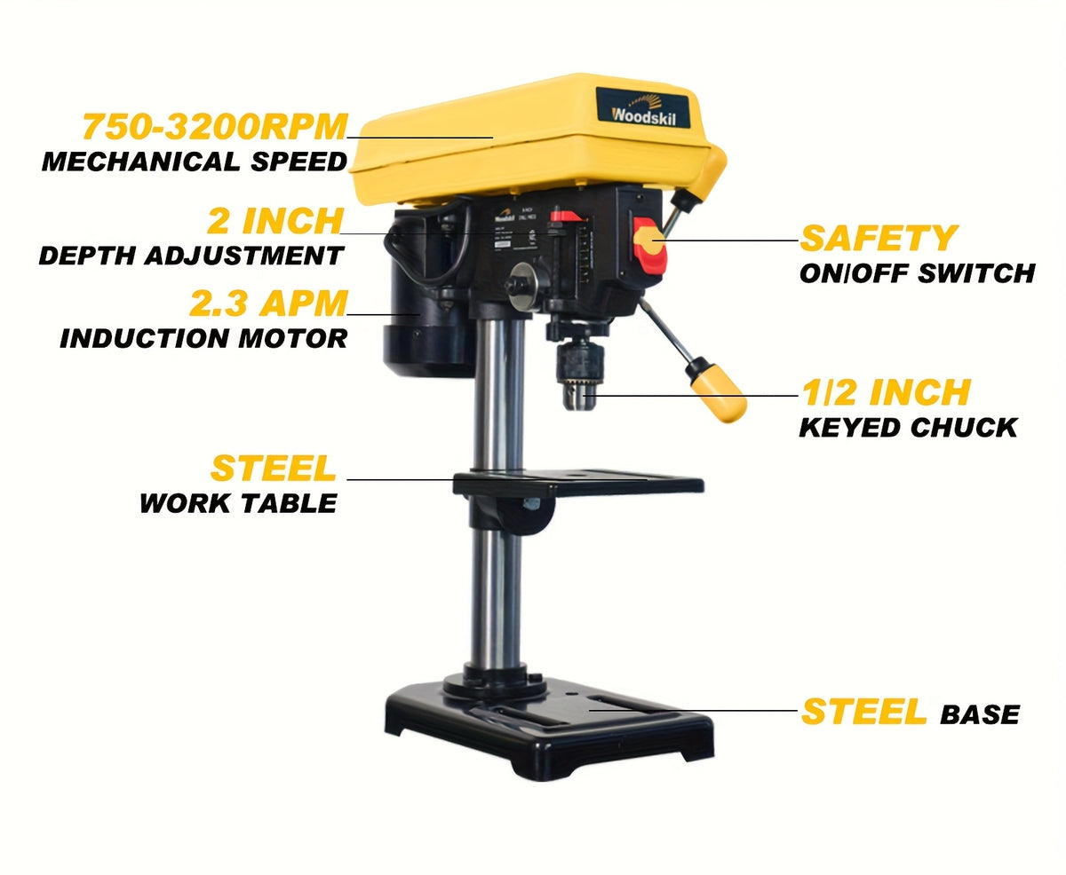 8 Inch Drill Press, 2.3 Amp 5-Speed Bench Drill Press With Steel Worktable | Corded, 120V, Plug Powered, Metal Construction, Includes Attachment - WOODSKIL
