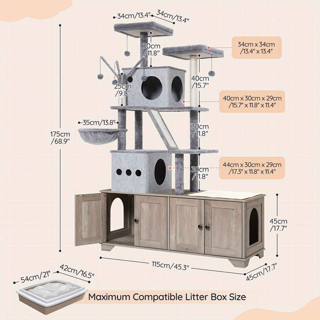 Double Litter Box Enclosure with Cat Tree, 45.3"L X 17.7"W X 68.9"H All-In-One Modern Cat Tower with Cat Bed, Hidden Litter Box Enclosure Furniture, with Hammock, Sisal Posts, Greige