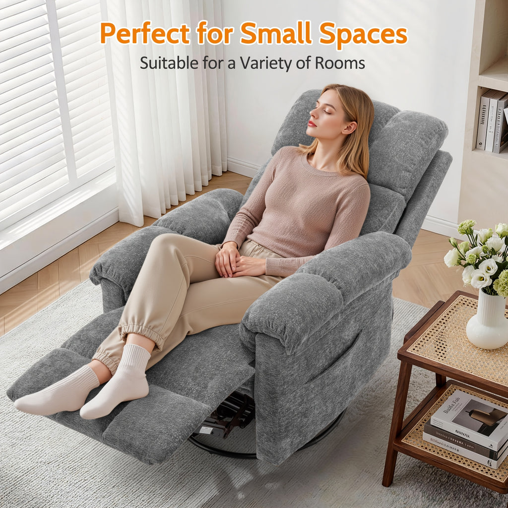 Living Room Single Chair, 360° Swivel Rocking Chair, Manual Rocking Chair for Small Spaces, Rocking Chair with Side Pockets And Armrest Storage, Deep Seat Cushion And Plush Backrest, Chenille Fabric, a Recliner Suitable for The Living Room