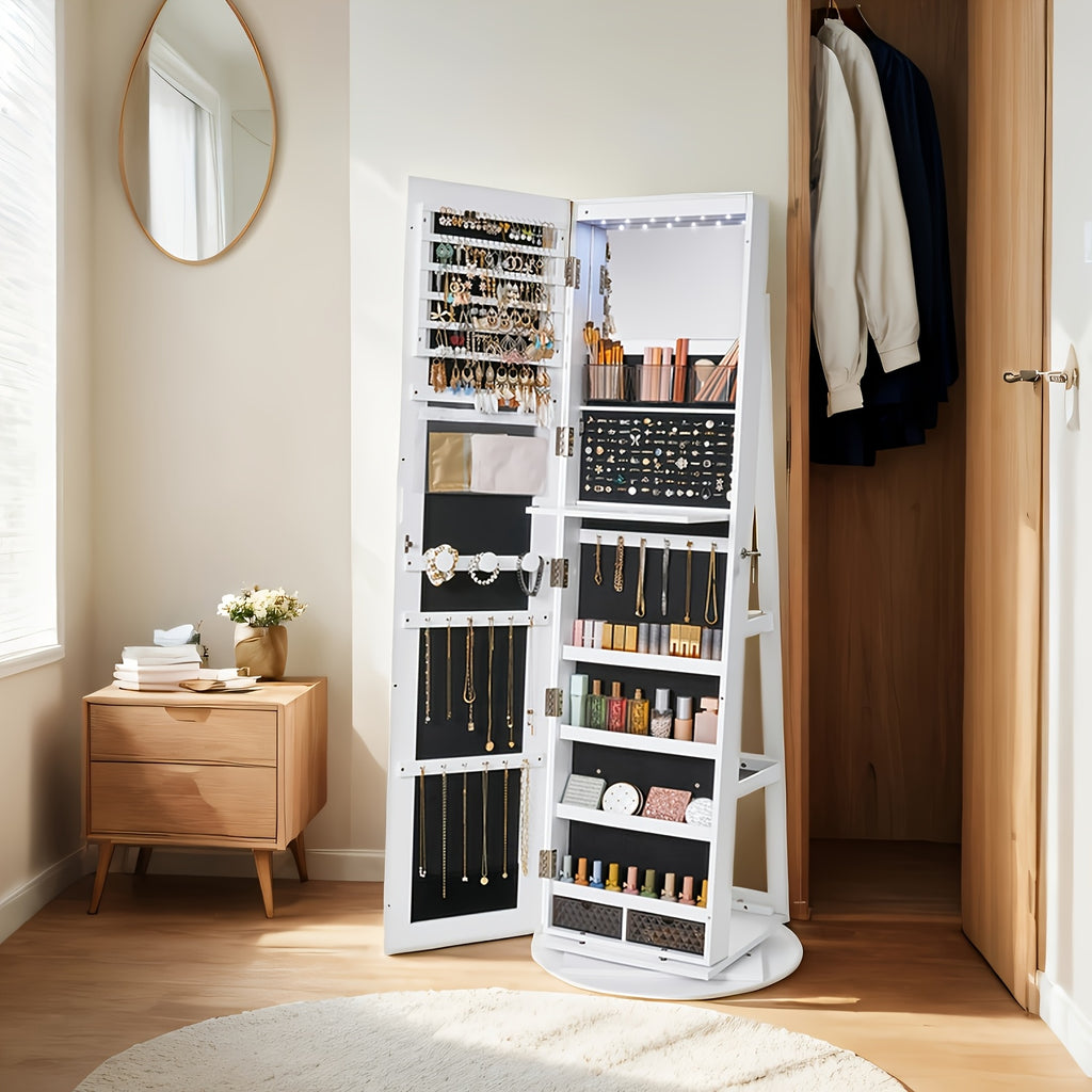 6 LEDs Lockable Mirror Jewelry Cabinet, 360° Swivel Jewelry Organizer Armoire Standing, Frameless Full-Length Mirror, 3 Storage Shelves, Christmas Gifts, Jewelry Armoires