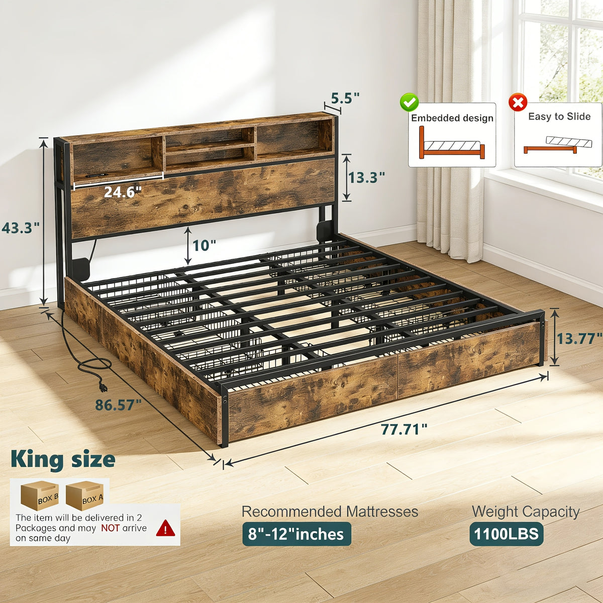 Queen/King Size Bed Frame with 6 Storage Large Drawers Forbedroom, Modern Bed Frame And Open Storage Headboard with Fast Charging Station, No Noise, No Box Springs Needed, Black, Easy Assembly, 2pcs Nightstand with 4 Fabric Drawer Sold Separately