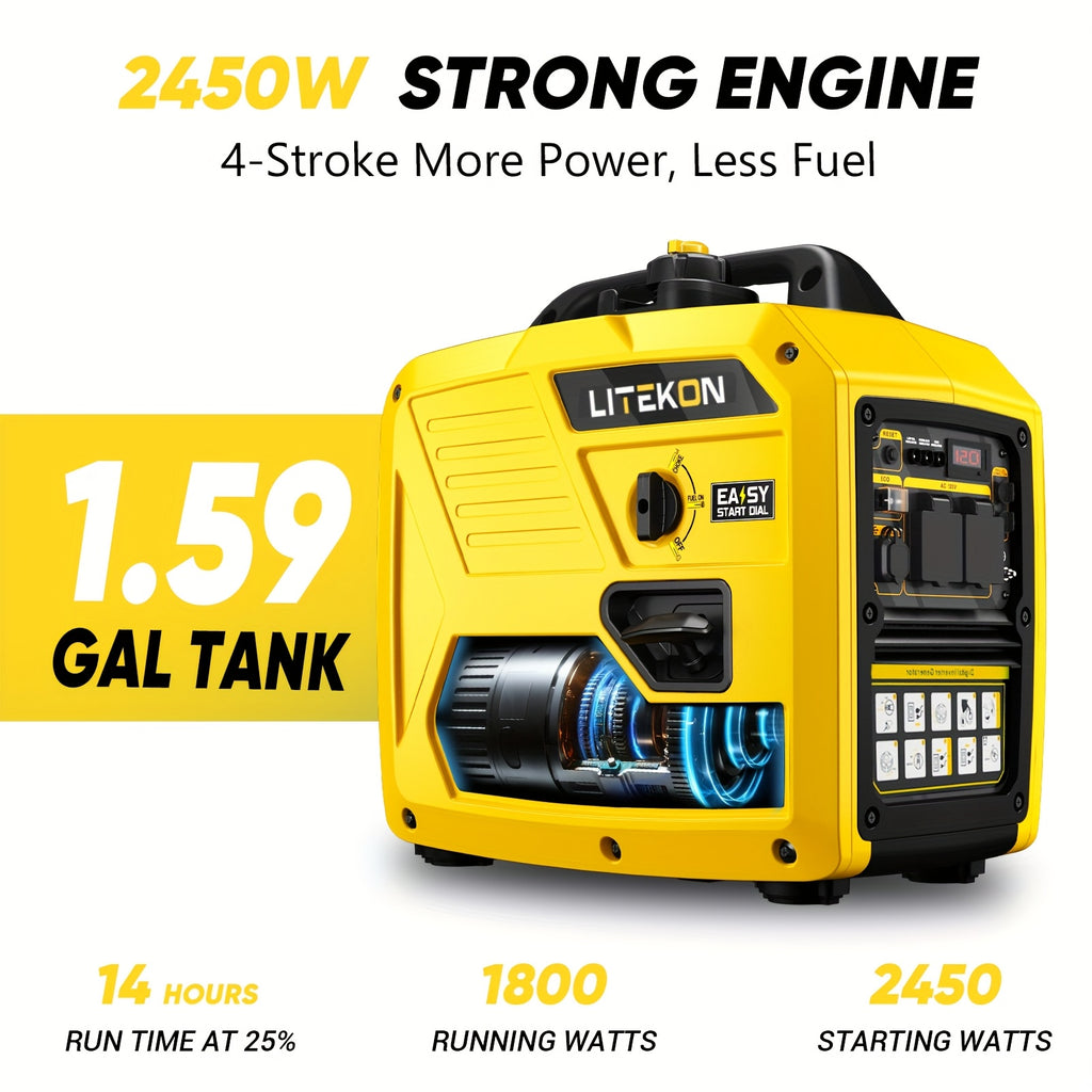 2450 Watt Inverter Generator, Quiet Gas Powered Generator, 1.6 Gallon Large Fuel Tank Fuel Capacity Up to 14 Hours, 120V AC Outlet, DC USB C Port, Parallel Ready, Metal Construction, Mobile Power Source, Robust Construction, Portable Generator