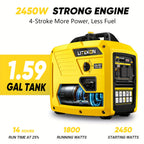 2450 Watt Inverter Generator, Quiet Gas Powered Generator, 1.6 Gallon Large Fuel Tank Fuel Capacity Up to 14 Hours, 120V AC Outlet, DC USB C Port, Parallel Ready, Metal Construction, Mobile Power Source, Robust Construction, Portable Generator