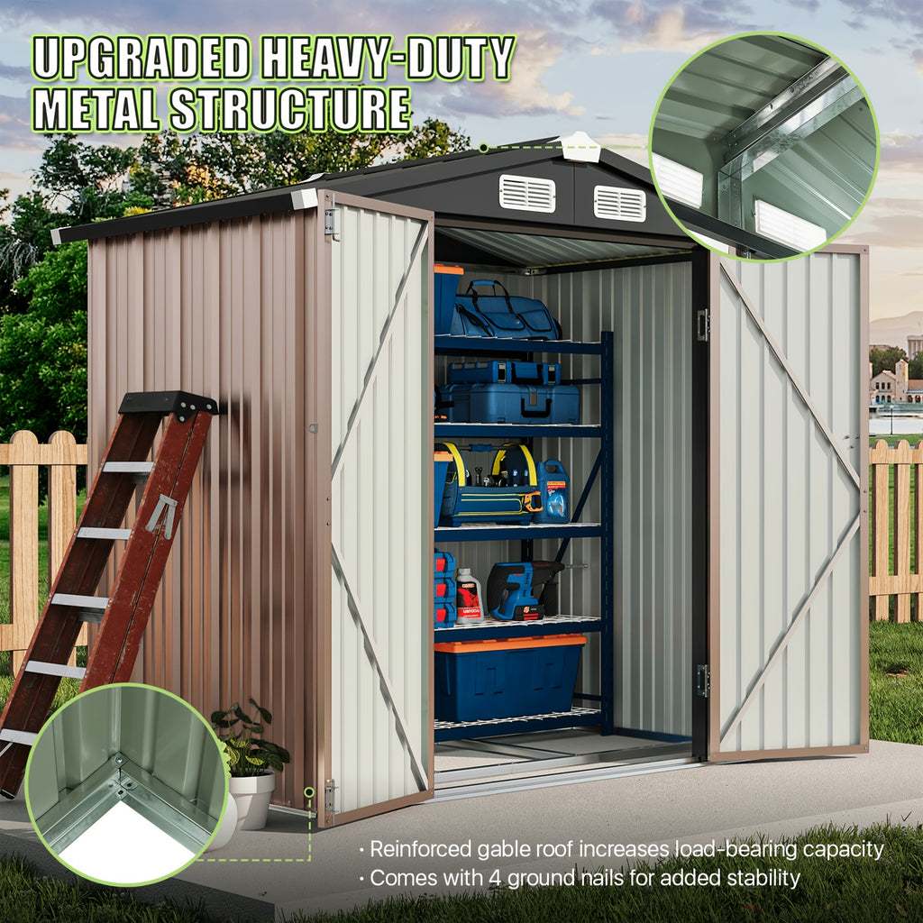 6X4/8X6/10X8/10X12Ft Gable Roof Metal Storage Shed, Heavy Duty Outdoor Garden Shed with Lockable Doors And Vents, Weather-Resistant Utility Shed for Backyard Tools, Brown/Black