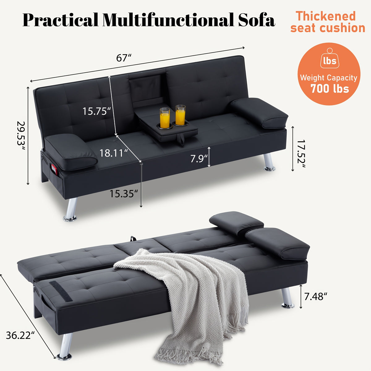 67" Convertible Futon Sofa Bed, 2 Thickness Seat Cushion, Adjustable Folding Couch with Detachable Armrest & Cup Holders, Heavy Duty 700 LBS Metal Frame, Multifunctional Sleeper Sofa for Living Room Bedroom Apartment Dorm